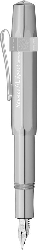 Kaweco - Cadeauset - 4delig - Kaweco AL SPORT Fountain Pen CHROME MAT vulpen vulpen - Extra Fine - Nostalgic Octagonal Clip Chrome - Zwart Vintage blikje - Doosje Royal Blue - Doosje zwarte Vullingen