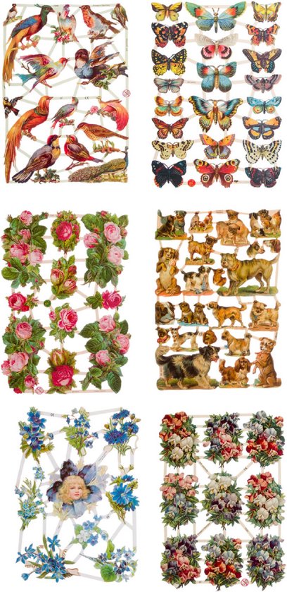 Poëzieplaatjes - Serie 1I - 6 vellen - plaatjes - hobby - creatief - decoupage - knutselen - scrapboek - met PARADIJSVOGELS - VLINDERS - BLOEMEN - HONDEN