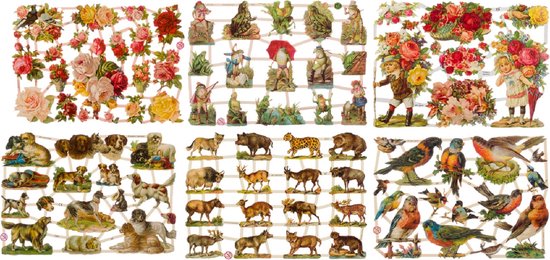Poëzieplaatjes - Serie 1N - 6 vellen - plaatjes - hobby - creatief - decoupage - knutselen - scrapboek - met BLOEMEN - KIKKERS - HONDEN - DIEREN - VOGELS