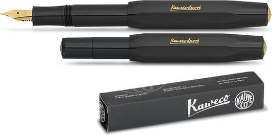Kaweco - Cadeauset - (5delig) - Vulpen CLASSIC SPORT ZWART Fountain Pen - Breed - Vintage blikje - Oktogonal Clip Vergoldet - Patronen houder TURKOISE - Vullingen