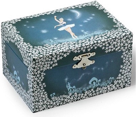 Muziekdoos - Bijoux Blauw - Met witte ballerina - Sieradendoosje - Muziekje Het Zwanenmeer Pjotr Iljitsj Tsjaikovski - 15 x 11.5 x 8.5 cm