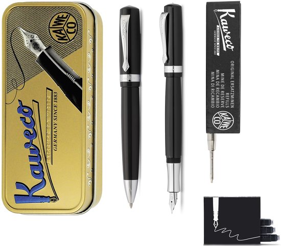Kaweco - set - Vulpen en Balpen - Student - Zwart in vintage blikje - doosje G2 Zwarte balpenvulling - doosje vulpeninkt