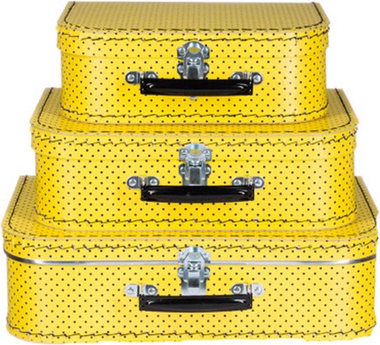 Kofferset - 3 koffers - 25-30-35cm - Decoratie - Kartonnen koffer - Logeerkoffer - Speelkoffer - Poppenkoffer- Opbergen - Vertelkoffer - Cadeau - Kraamkado - geel met zwarte stippen, handvat zwart