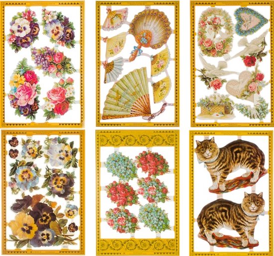 Poëzieplaatjes - 6 vellen - Katten - Viooltjes - Hartjes - Poezen - Waaiers - Boeketten - Bloemen - Poëziealbum - hobby - creatief - bulletjournaal - vriendenboek - dagboek - decoupage - knutselen - scrapbook