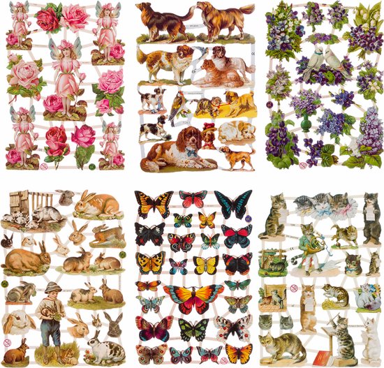 Poëzieplaatjes - 6 vellen - Bloemen - Honden - Konijnen - Vlinders - Katten - Poëziealbum - hobby - creatief - bulletjournaal - vriendenboek - dagboek - decoupage - knutselen - scrapbook