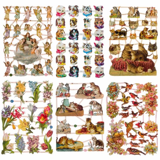 Poëzieplaatjes - 6 vellen - plaatjes - hobby - creatief - decoupage - knutselen - scrapboek - Engelen - Honden - Katten - Bloemen - Vogels - Poezen