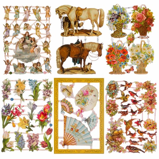 Poëzieplaatjes - 6 vellen - plaatjes - hobby - creatief - decoupage - knutselen - scrapboek - Waaiers - Bloemen - Paarden - Engelen