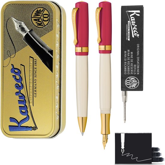 Kaweco - set - Vulpen en Balpen - Student 30's Blues - Cerise rood in vintage blikje - doosje G2 Zwarte balpenvulling - doosje vulpeninkt