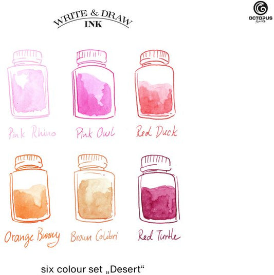 Octopus Write and Draw Ink Set DESERT, watervaste inkt voor schrijven en tekenen, kalligrafie inkt, lichtechte tekeninkt voor vulpen, glaspen, penseel, 6 x 10 ml
