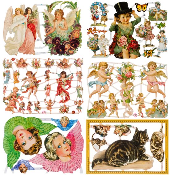 Poëzieplaatjes - 6 vellen - plaatjes - hobby - creatief - decoupage - knutselen - scrapboek - Engelen - Poezen - Meisjes