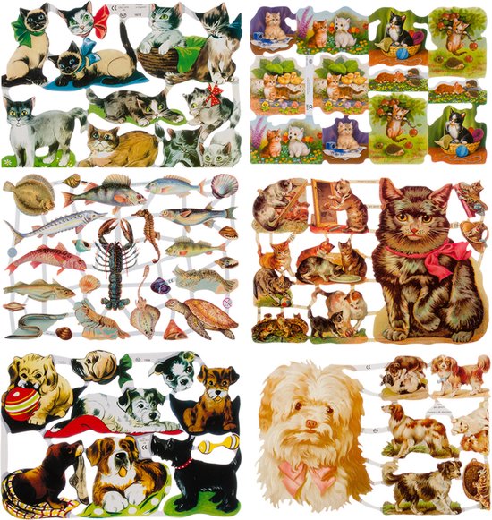 Poëzieplaatjes - 6 VELLEN - Poezen - Honden - Vissen - Nostalgisch - Vintage look - Poëziealbum - hobby - creatief - bulletjournaal - vriendenboek - dagboek - decoupage - knutselen - scrapbook