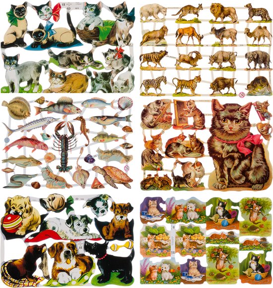 Poëzieplaatjes - 6 VELLEN - Poezen - Honden - Nostalgisch - Vintage look - Poëziealbum - hobby - creatief - bulletjournaal - vriendenboek - dagboek - decoupage - knutselen - scrapbook