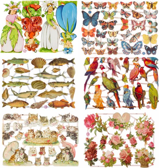 Poëzieplaatjes - 6 VELLEN - Bloemen - Vlinders - Vogels - Vissen - Poezen - Poëziealbum - hobby - creatief - bulletjournaal - vriendenboek - dagboek - decoupage - knutselen - scrapbook