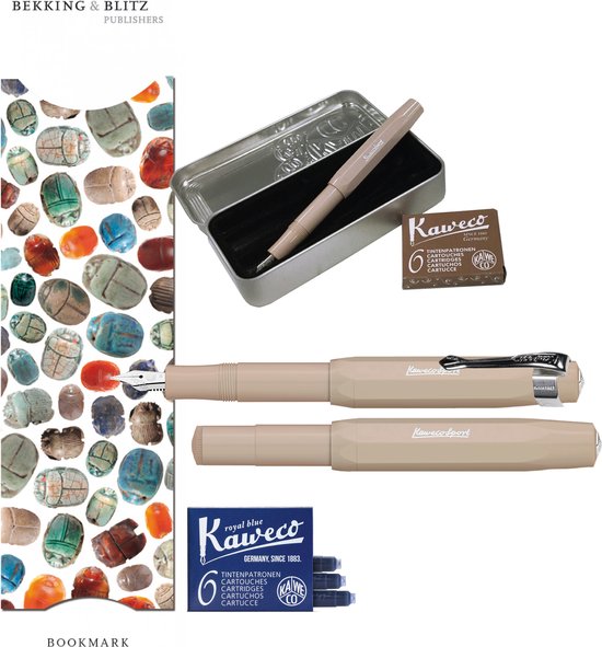Kaweco Cadeauset (6 delig) Blikje, Vulpen bruin M, Clip, Boekenlegger scarabee, 2 doosjes vullingen