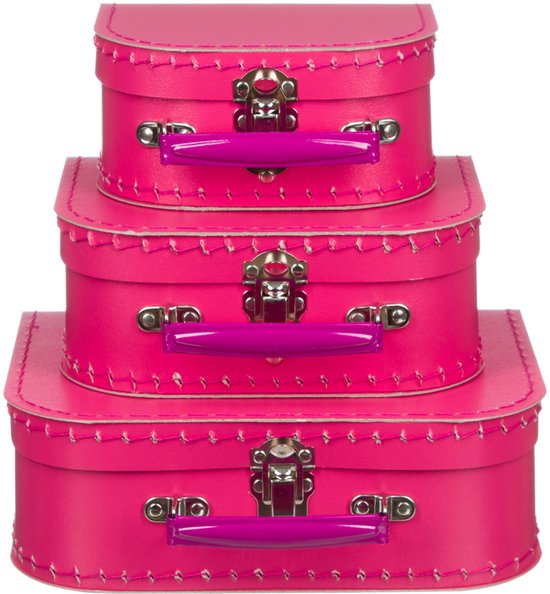Kofferset - 3delig - 16-20-25cm - Fuchsia - Handvat donker fuchsia - Decoratie - Kartonnen koffer - Logeerkoffer - Speelkoffer - Poppenkoffer- Opbergen - Cadeau