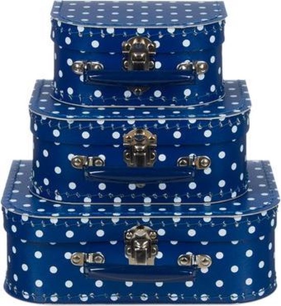 Kofferset - 3 koffers - 16-20-25cm Blauw met Witte polkadot - Retro Vintage look
