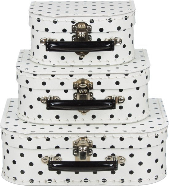 Kofferset - 3 koffers - 16-20-25cm - Decoratie - Kartonnen koffer - Logeerkoffer - Speelkoffer - Poppenkoffer- Opbergen - Vertelkoffer - Cadeau - Kraamkado - Wit met zwarte stip