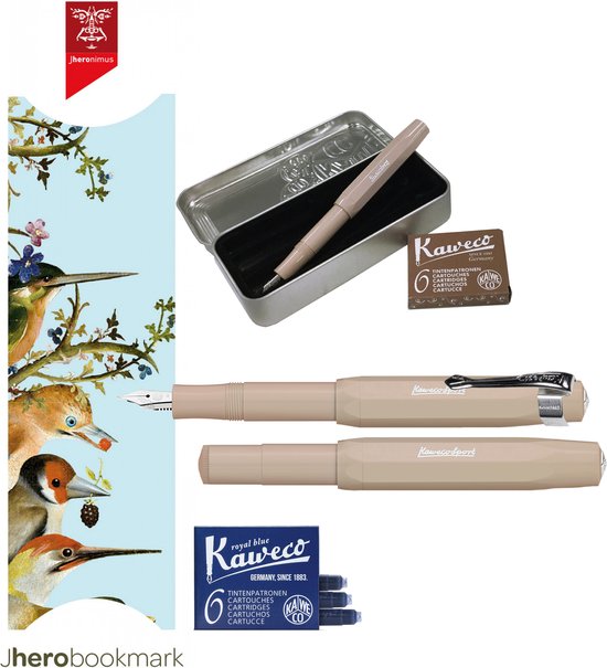 Kaweco Cadeauset (6 delig) Blikje, Vulpen bruin M, Clip, Boekenlegger The Garden Of Earthly Delight, 2 doosjes vullingen