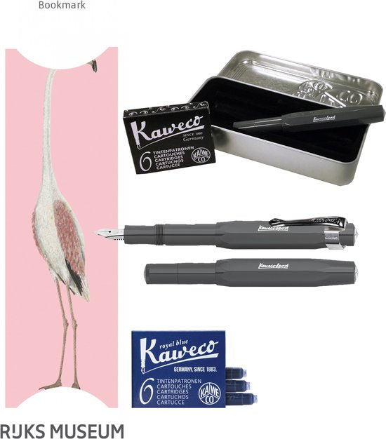 Kaweco Cadeauset (6 delig) Blikje, Vulpen grey M, Clip, Boekenlegger vogel, 2 doosjes vullingen