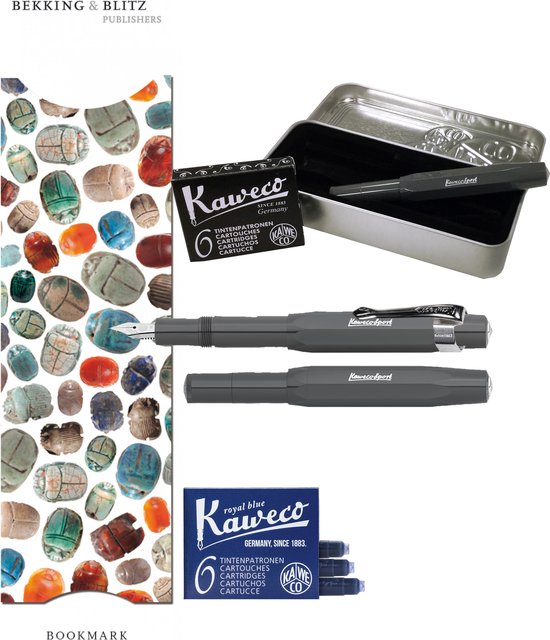 Kaweco Cadeauset (6 delig) Blikje, Vulpen grey M, Clip, Boekenlegger Scarabee, 2 doosjes vullingen