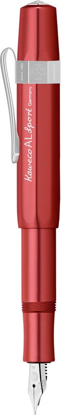 Kaweco - Cadeauset - 4delig - Kaweco AL SPORT Fountain Pen RED vulpen - Medium - Nostalgic Octagonal Clip Chrome - Zwart Vintage blikje - Doosje Royal Blue - Doosje zwarte Vullingen