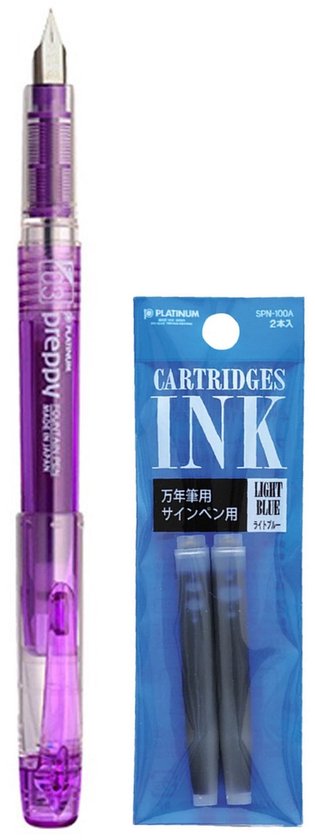 Platinum - Preppy Fountain pen Japan - Fine - 0,3 - PAARS - vullingen LICHTBLAUW