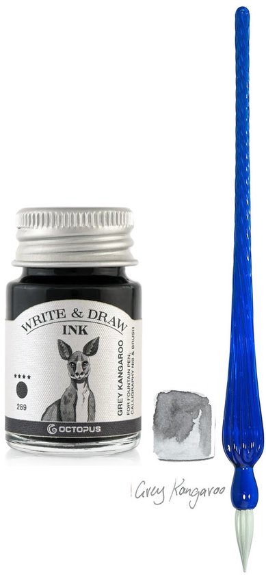 Glazen dip pen set Blauw - Potje Octopus inkt grey kangeroo