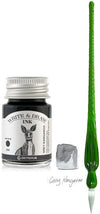 Glazen dip pen set in doosje - Groen - Potje Octopus inkt grey kangeroo