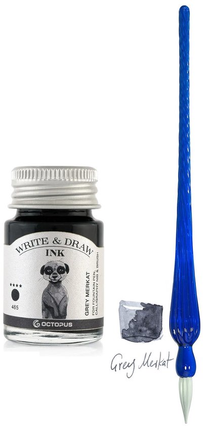 Glazen dip pen set Blauw - Potje Octopus inkt grey merkat
