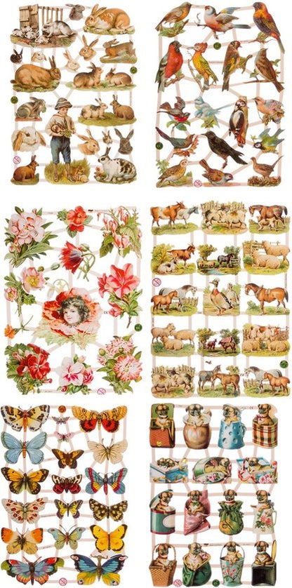 Poëzieplaatjes - 6 vellen - Bloemen - Vlinders - Vogels - Konijnen - Boerderijdieren - Honden - Poëziealbum - hobby - creatief - bulletjournaal - vriendenboek - dagboek - decoupage - knutselen - scrapbook