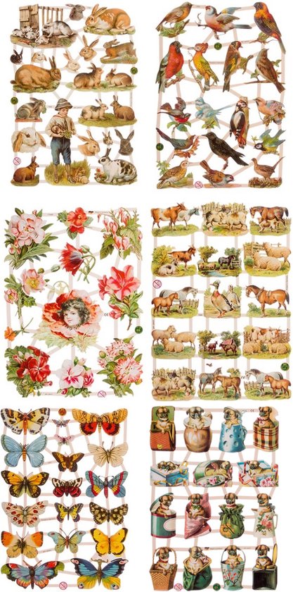 Poëzieplaatjes - 6 vellen - Bloemen - Vlinders - Vogels - Konijnen - Boerderijdieren - Honden - Poëziealbum - hobby - creatief - bulletjournaal - vriendenboek - dagboek - decoupage - knutselen - scrapbook