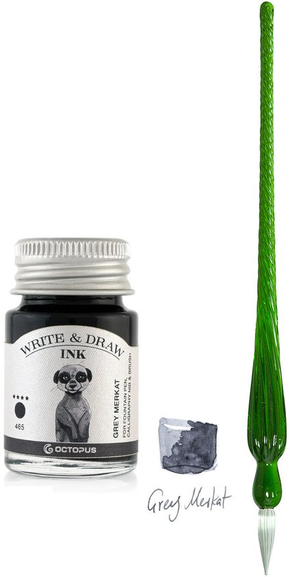 Glazen dip pen set in doosje - Groen - Potje Octopus inkt grey merkat