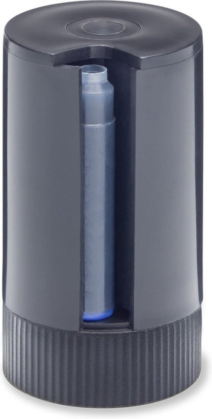Kaweco - Vulpen Perkeo INFRARED - MEDIUM - Tin Box long - Clip Silver - Dispenser Twist & Out silver with 8 blue cartridges - doosje zwarte Vulpeninkt