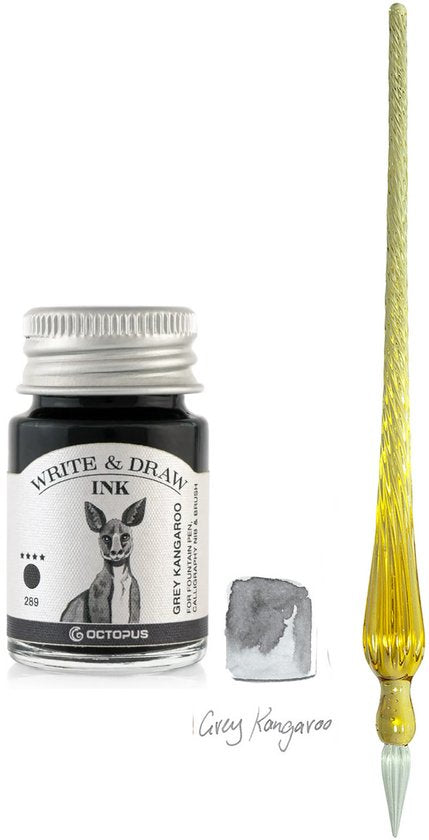 Glazen dip pen set Oranje - Potje Octopus inkt grey kangeroo
