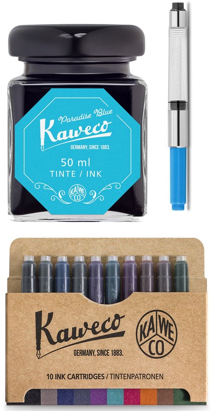Kaweco - Ink bottle en Standaard Converter - Paradise Blue - potje vulpeninkt - Turkoise originele Kaweco-inkt in 50 ml glas - Converter met turkoise achterkant - doosje 10 patronen