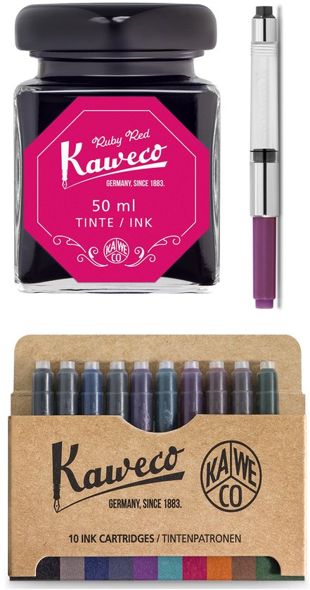 Kaweco - Ink bottle en Standaard Converter - Ruby Red - potje vulpeninkt - Rode originele Kaweco-inkt in 50 ml glas - Converter met rode achterkant - doosje 10 patronen