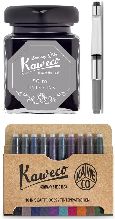 Kaweco - Ink bottle en Standaard Converter - Smokey Grey - potje vulpeninkt - Grijze originele Kaweco-inkt in 50 ml glas - Converter met grijze achterkant - doosje 10 patronen