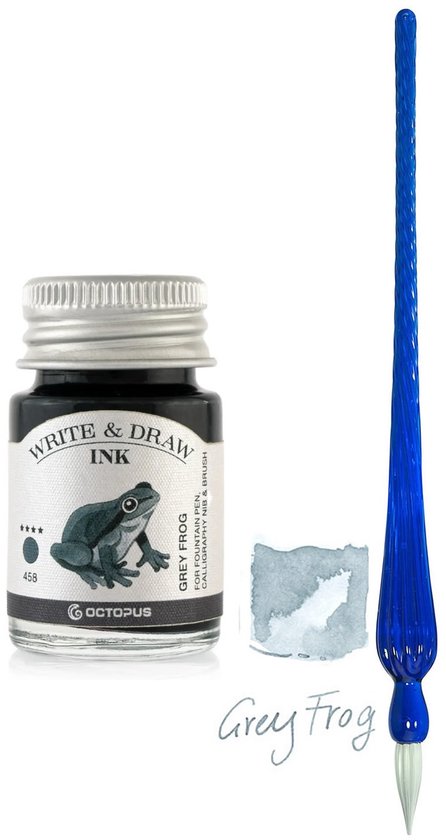 Glazen dip pen set Blauw - Potje Octopus inkt grey frog