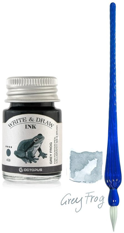 Glazen dip pen set Blauw - Potje Octopus inkt grey frog