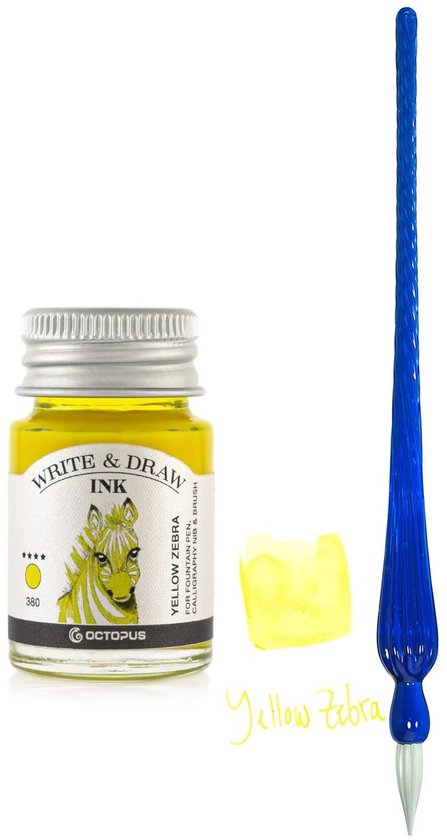 Glazen dip pen set Blauw - Potje Octopus inkt yellow zebra