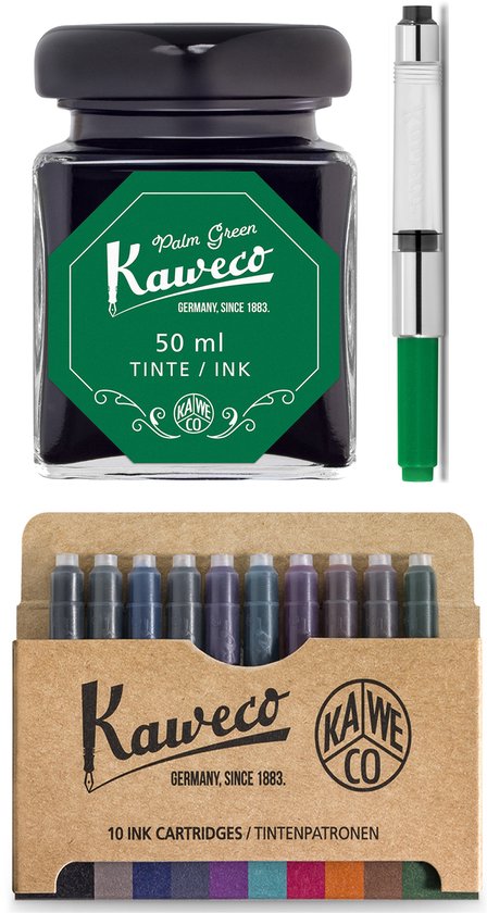 Kaweco - Ink bottle en Standaard Converter - Palm Green - potje vulpeninkt - Groene originele Kaweco-inkt in 50 ml glas - Converter met groene achterkant - doosje 10 patronen