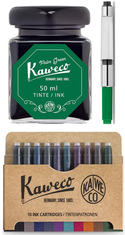 Kaweco - Ink bottle en Standaard Converter - Palm Green - potje vulpeninkt - Groene originele Kaweco-inkt in 50 ml glas - Converter met groene achterkant - doosje 10 patronen