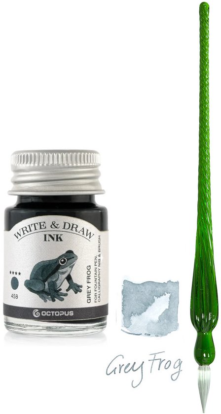 Glazen dip pen set in doosje - Groen - Potje Octopus inkt grey frog