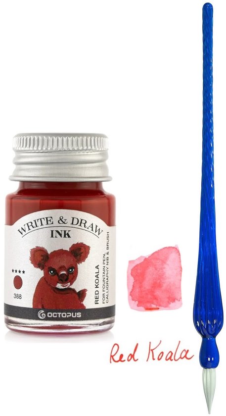 Glazen dip pen set Blauw - Potje Octopus inkt red koala