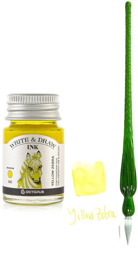 Glazen dip pen set in doosje - Groen - Potje Octopus inkt yellow zebra