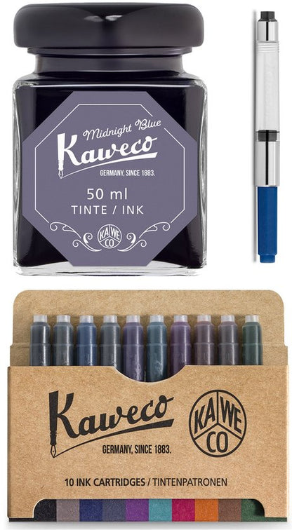 Kaweco - Ink bottle en Standaard Converter - Midnight Blue - potje vulpeninkt - Midnight Blue originele Kaweco-inkt in 50 ml glas - Converter met Midnight Blue achterkant - doosje 10 patronen