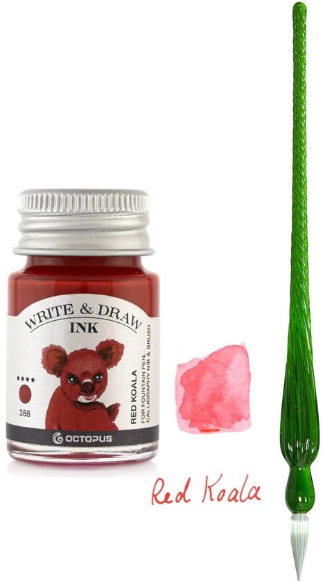 Glazen dip pen set in doosje - Groen - Potje Octopus inkt red koala