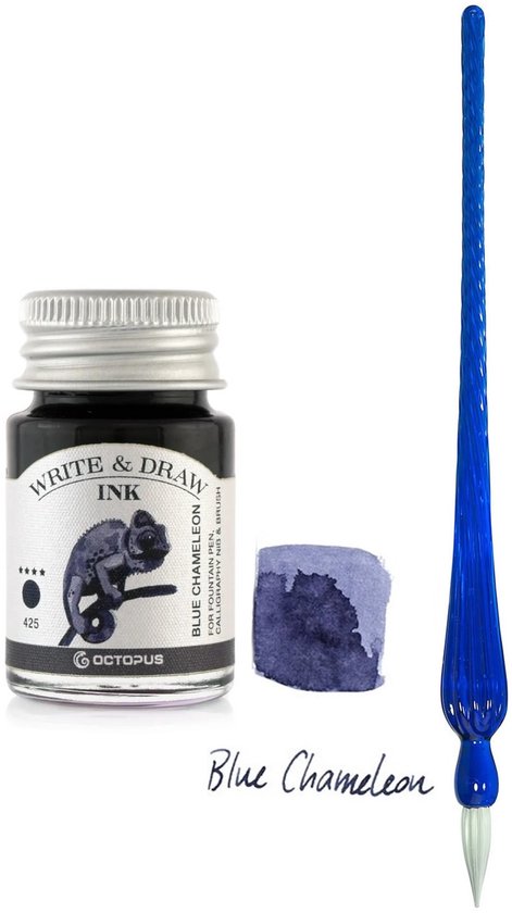 Glazen dip pen set Blauw - Potje Octopus inkt blauw-blue chameleon