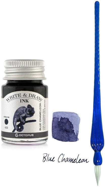 Glazen dip pen set Blauw - Potje Octopus inkt blauw-blue chameleon