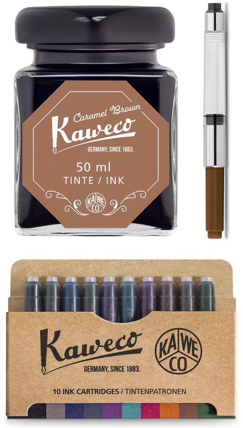 Kaweco - Ink bottle en Standaard Converter - Caramel Brown - potje vulpeninkt - Bruine originele Kaweco-inkt in 50 ml glas - Converter met bruine achterkant - doosje 10 patronen